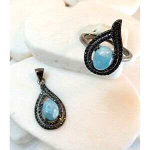 Sky Blue Larimar Marcasite Dark Sterling Pendant Ring Set  Size 7.5